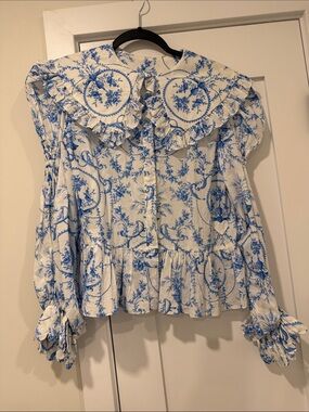 Horror vacui White and Blue Toile Ruffle Peasant Blouse - Women size s like new